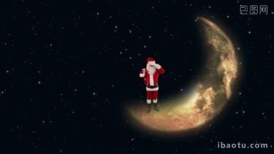 圣诞老人在月亮上等待驯鹿与闪烁的星星